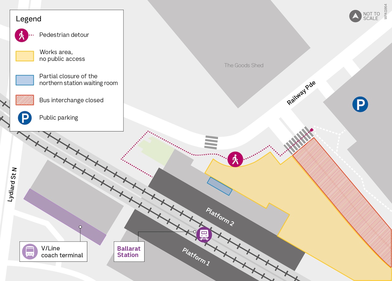 Map showing pedestrian detour via Railway Parade