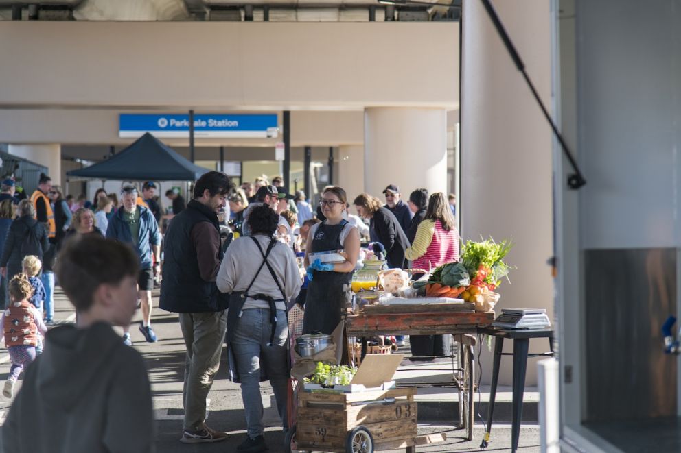 The new Parkdale Station forecourt full of people during the community celebration