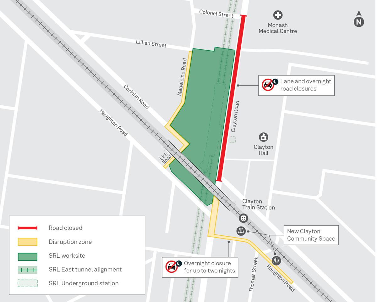 Map shows lane and road closures on Clayton Road. Overnight closures on Haughton Road
