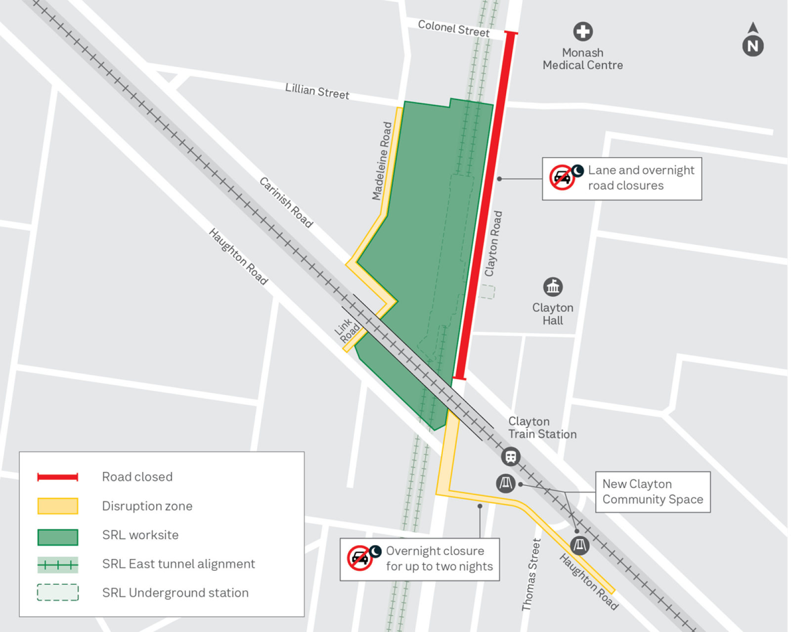 Map shows lane and road closures on Clayton Road. Overnight closures on Haughton Road