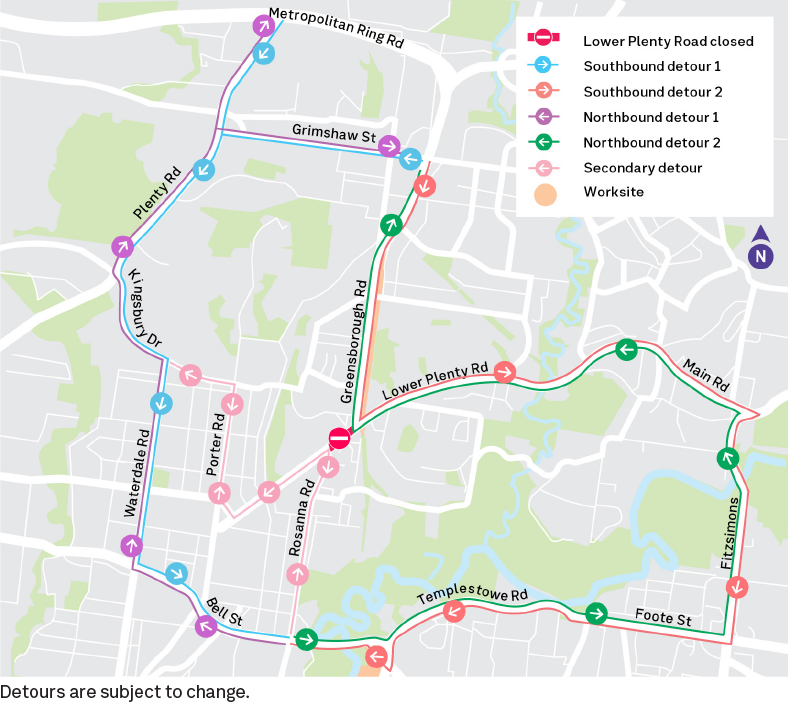 Lower Plenty Road map showing detours
