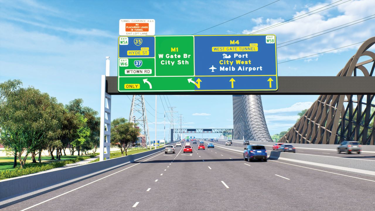 Overhead signs on a freeway.