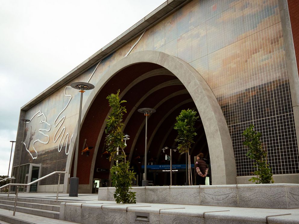 Arden Street entrance featuring artwork