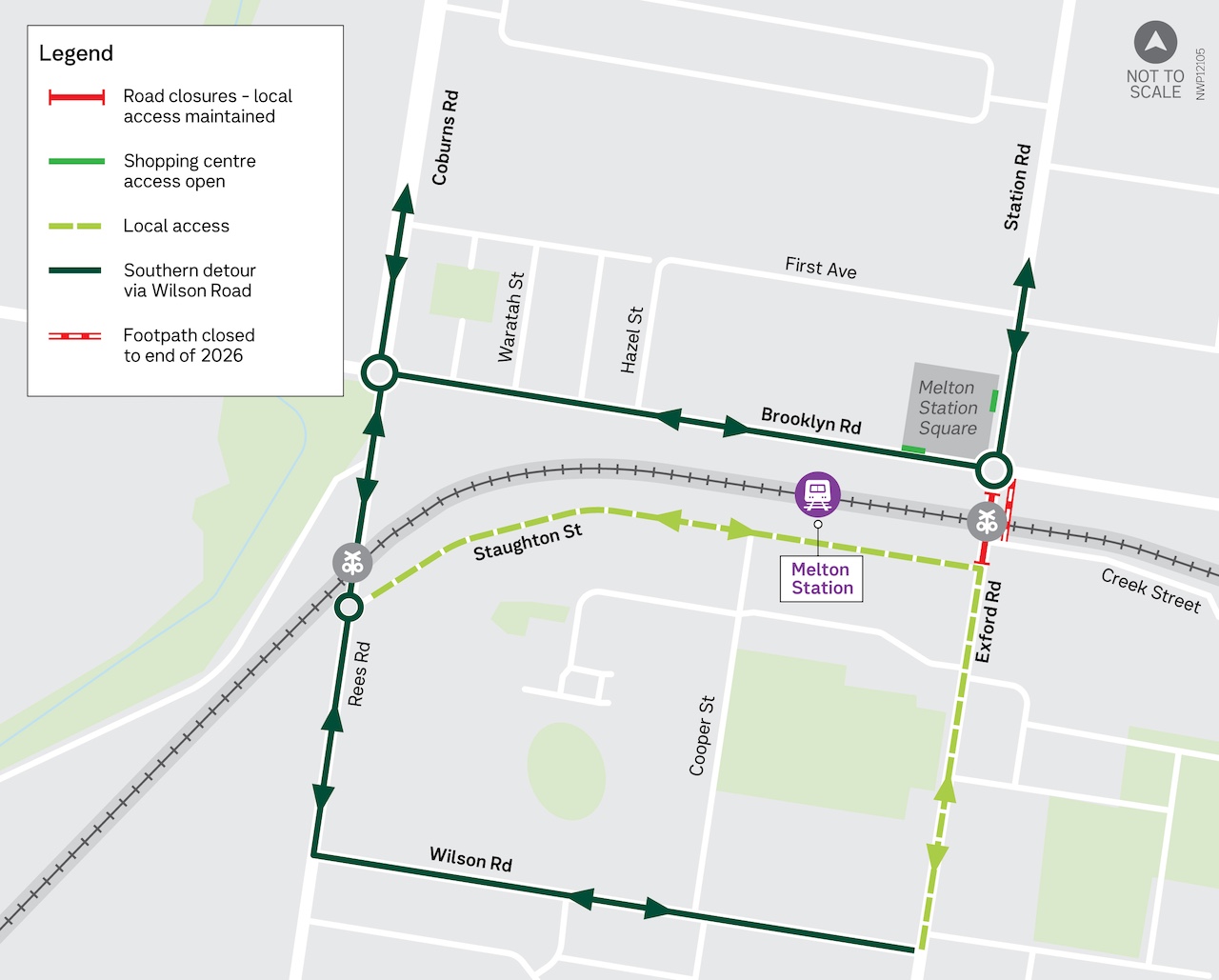 Map showing Exford Road closure and detour route via Wilson Road, Rees Road and Brooklyn Road