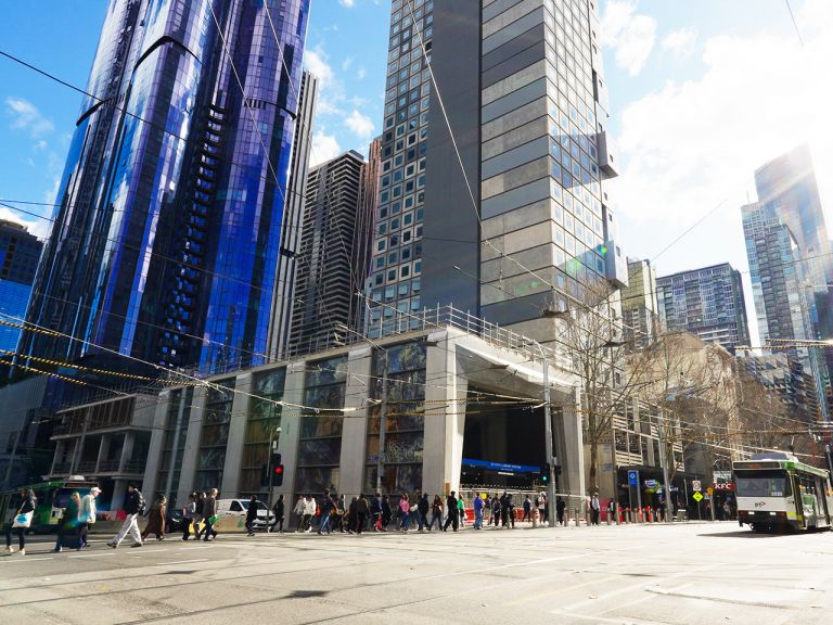 State Library Station main entrance on the corner of Swanston and La Trobe streets. 