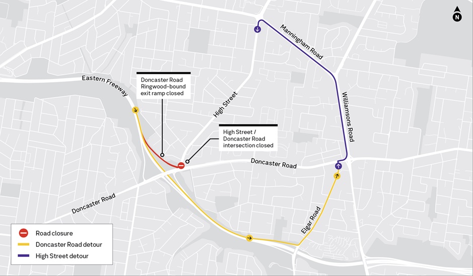Doncaster Road and High Street intersection detour map until 15 December