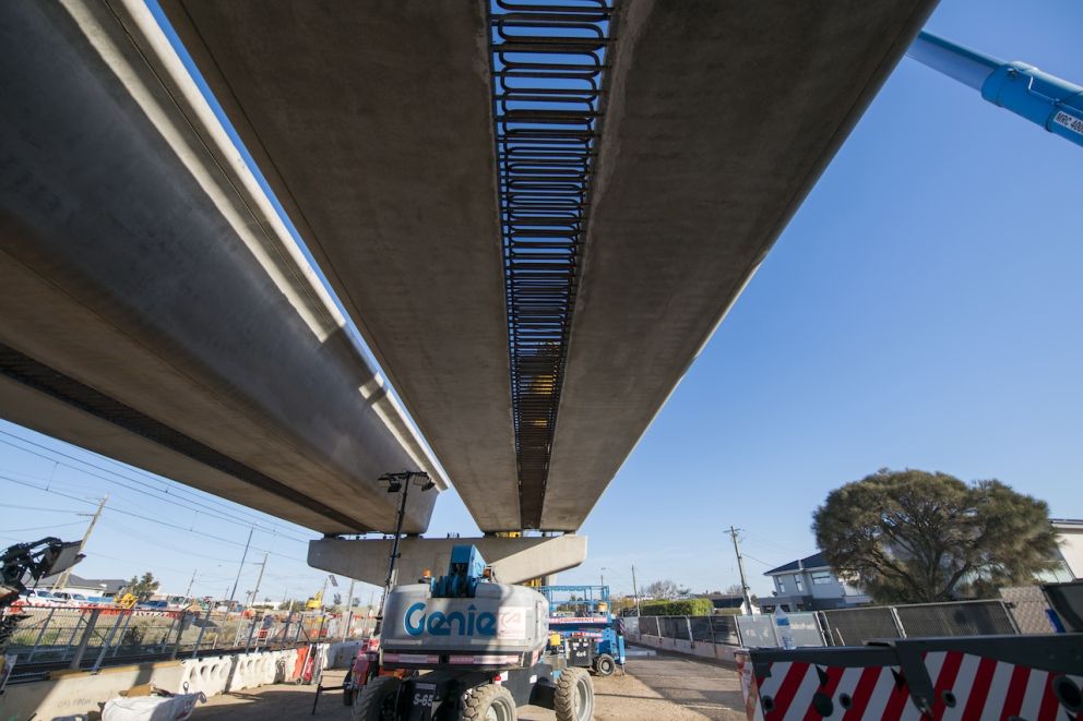 Underside of the elevate rail bridge at Aspendale