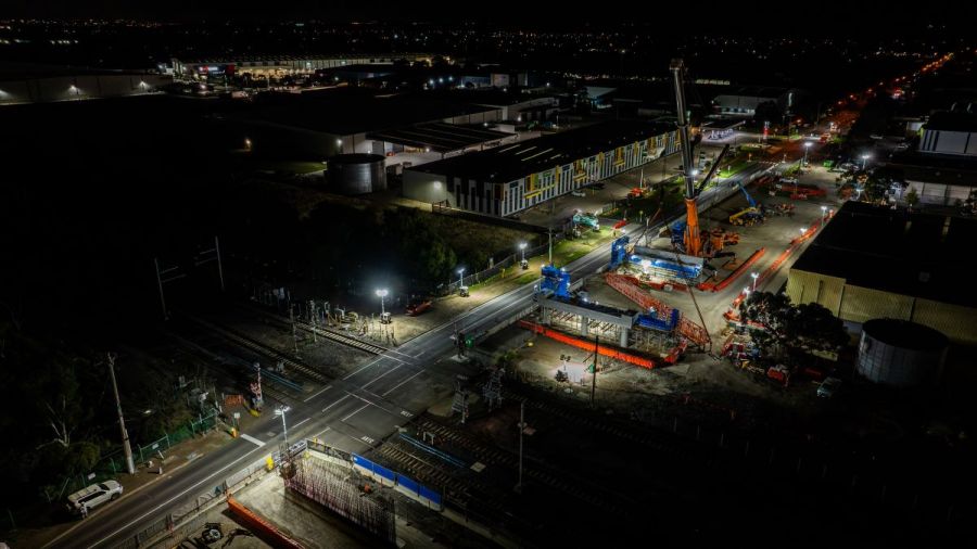 The Maidstone Street road bridge is taking shape, with the first of four sections of bridge beams now in place