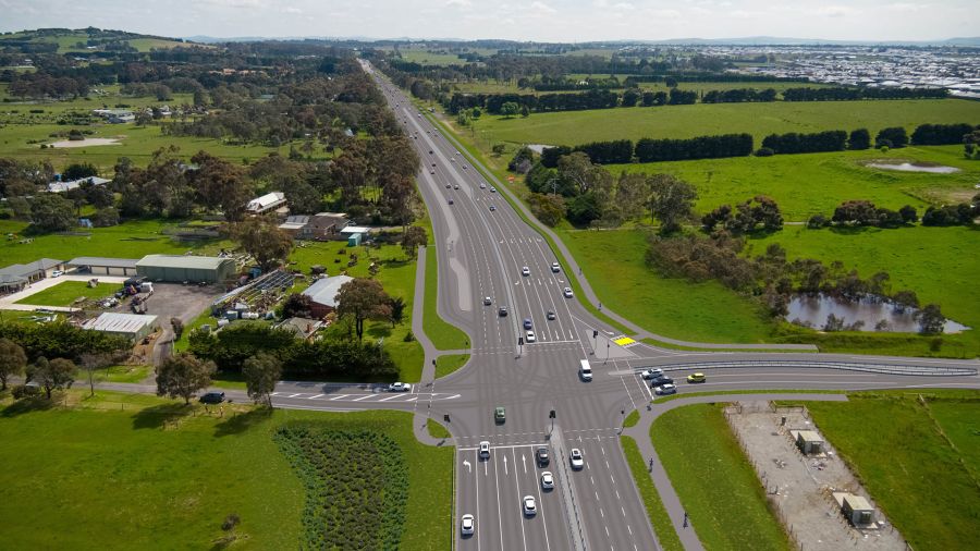 Artist impression upgraded Mickleham Road and Dunhelen Lane intersection looking north