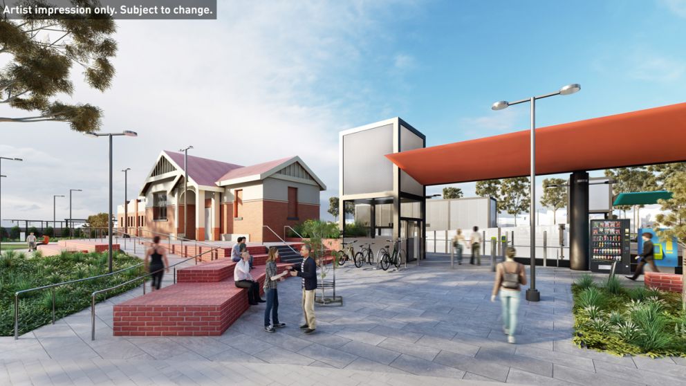 New North Williamstown Station entry area, including retained western station building. Artist impression only. Subject to change.