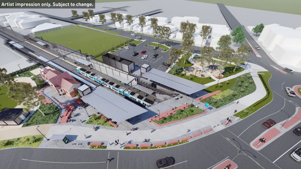 New North Williamstown station precinct design looking northeast from Victoria Street. Artist impression only. Subject to change.