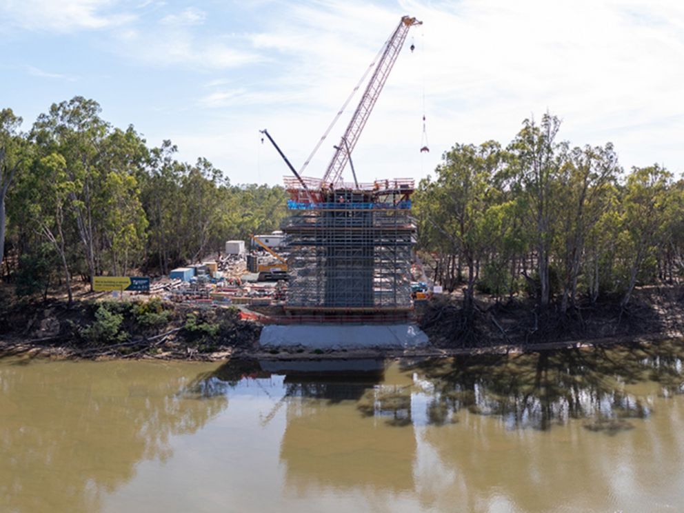 A panoramic image of the pier taking shape along the Murray River with nature along either side of the pier