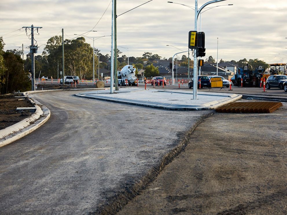 An image of the roads being worked on with traffic being detoured in the background