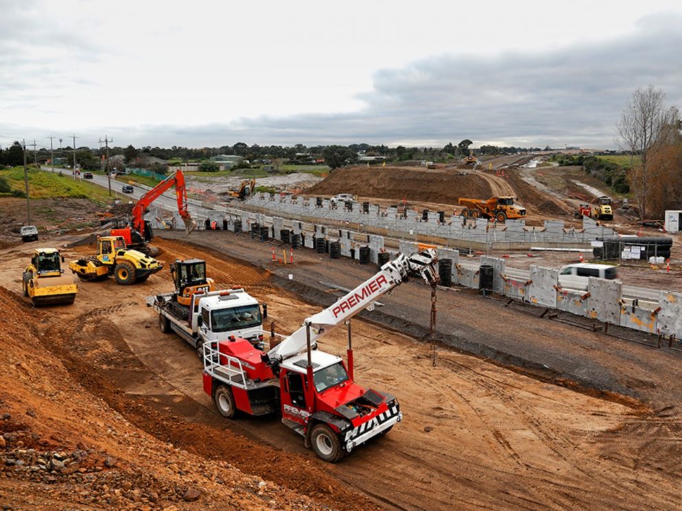 Installing the panels for the bridge retaining wall at Old Dandenong Road - July 2020