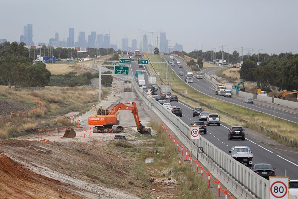 Works progress to build the new O’Herns Road southbound entry ramp to the Hume Freeway