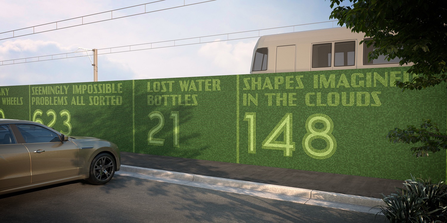 Render of proposed artwork of green tiles on a a wall showing the text 'Shapes imagined in the clouds: 148