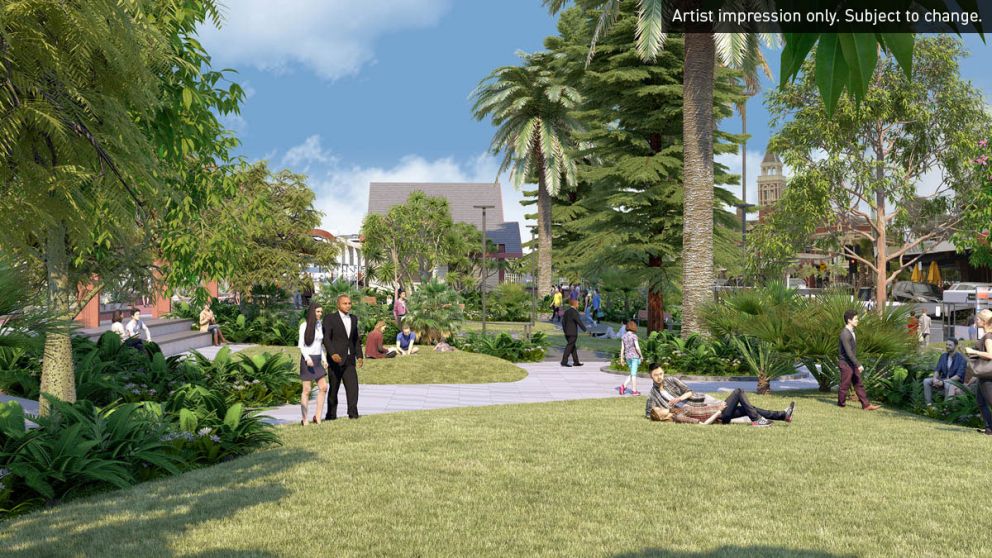 Artist impression of Mentone Station garden design looking towards Como Parade. Artist impression only. Subject to change.