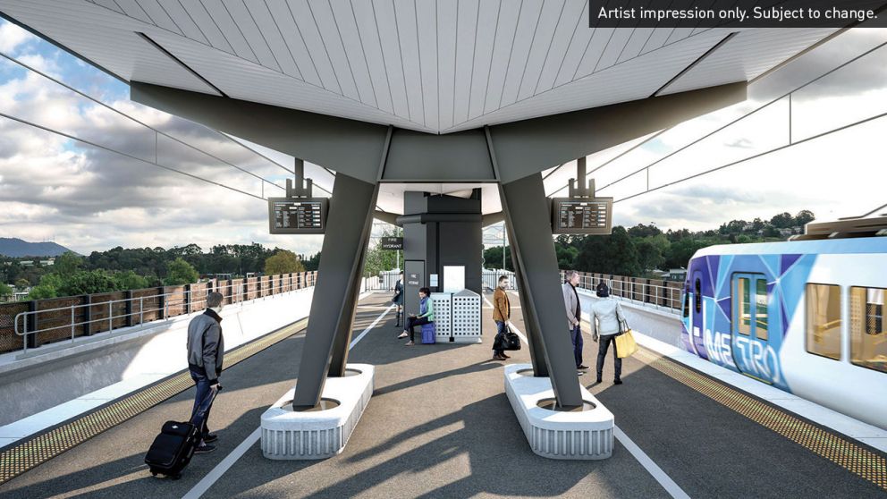 Artist impression showing view of elevated Lilydale Station platforms with covered waiting area. Artist impression only. Subject to change.