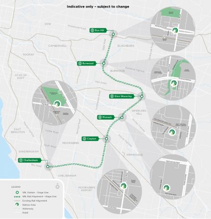 Map: Stage One Rail tunnel alignment and proposed underground stations