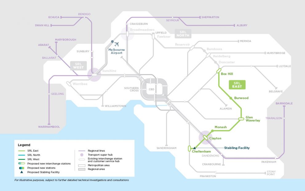 Map: Suburban Rail Loop with SRL East section highlighted - Cheltenham to Box Hill