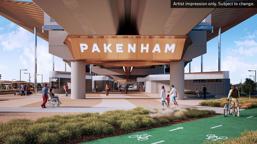 View of new Pakenham Station forecourt under the elevated rail bridge at Main Street. Artist impression only. Subject to change.