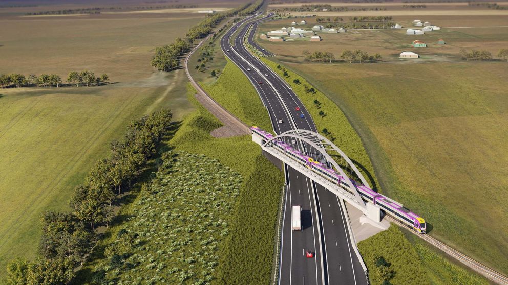 Artist impression of new rail bridge and new duplicated highway with Kilmany township and new Kilmany service road in foreground