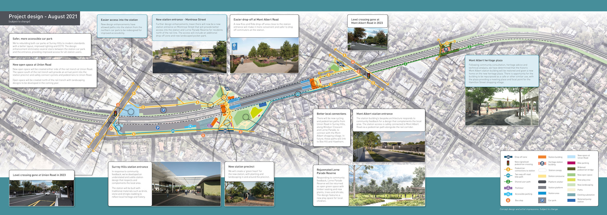 Project design map for Union Road, Surrey Hills and Mont Albert Road, Mont Albert. Subject to change.