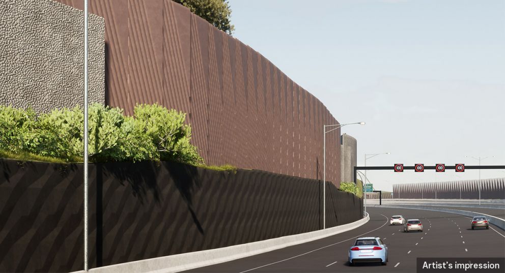An artist impression looking at the noise wall on the Eastern Freeway from the view of the driver during the daytime.