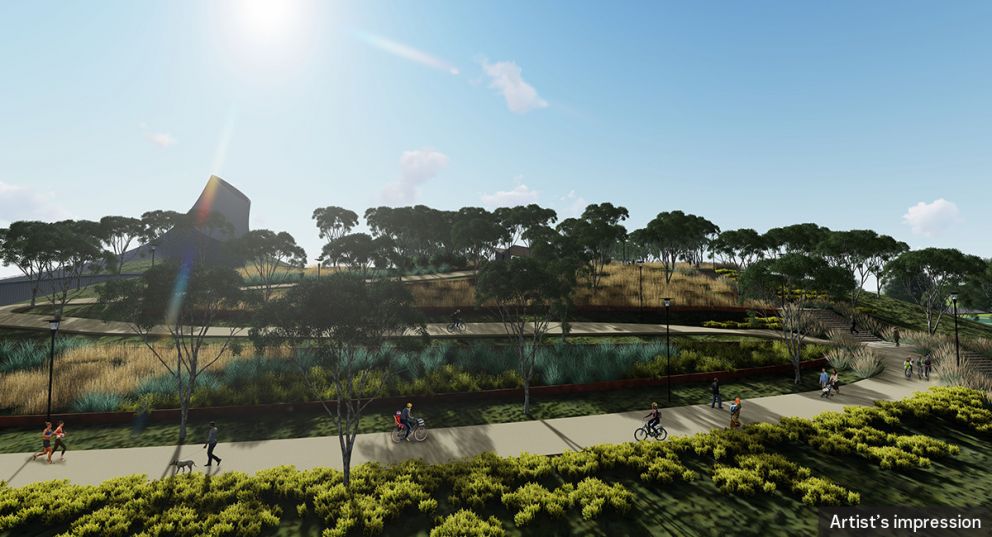 An artist impression of the Yarra Link green bridge showing the southern portal ventilation structure and recreational park users.