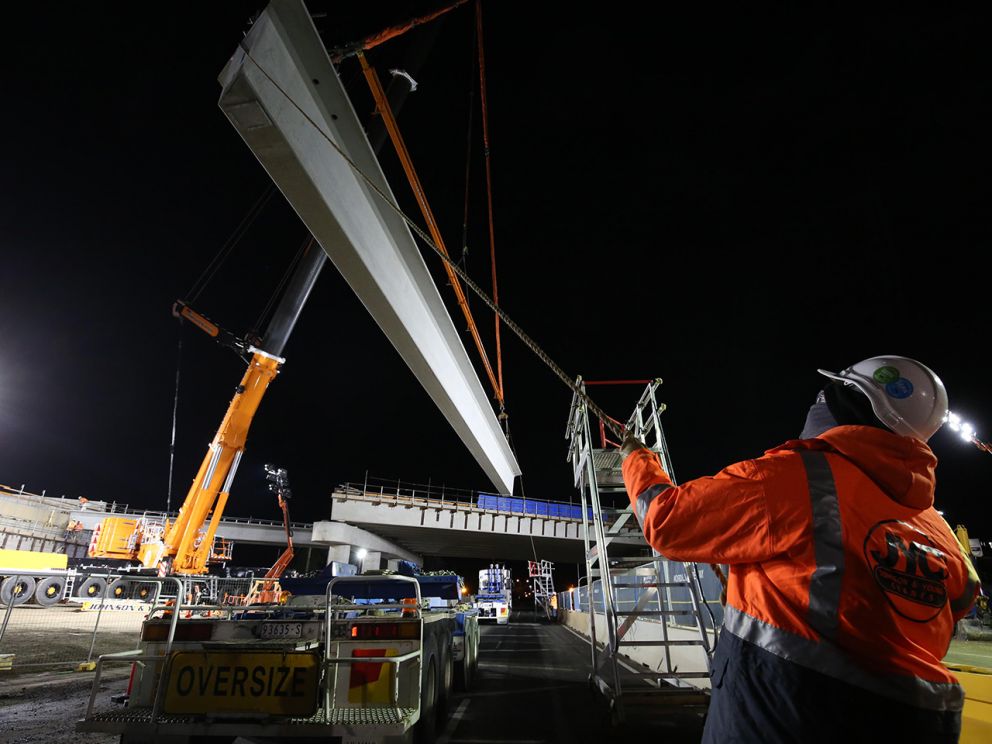 Installing the beams for the bridge over Lower Dandenong Road 