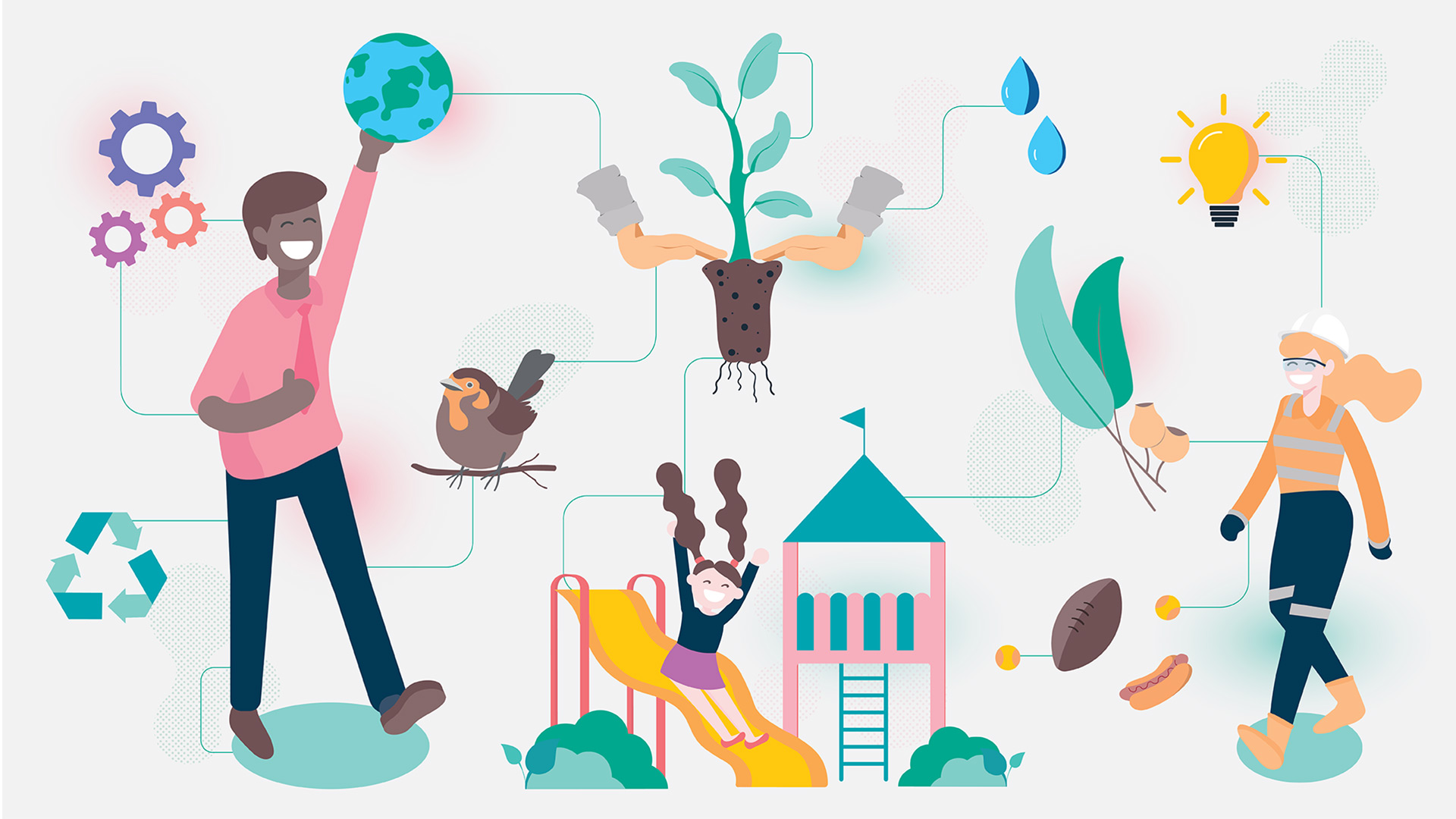 A graphic showing a female construction worker, a person holding a globe, hands plating a tree, a bird, gum leaves, a girl on a slide at a playground, recycling symbol and gear symbol.
