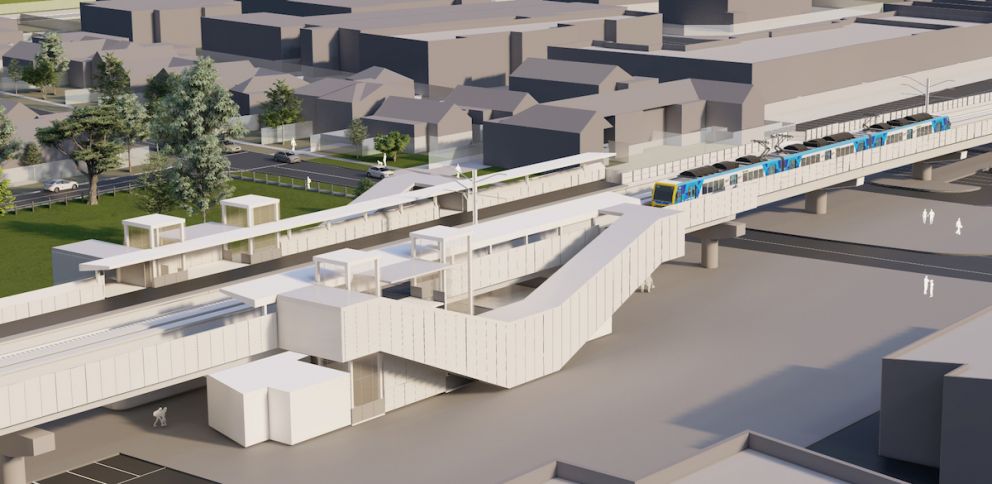 Northeast aerial view of the elevated rail bridge and new Narre Warren Station. Artist impression only, subject to change.