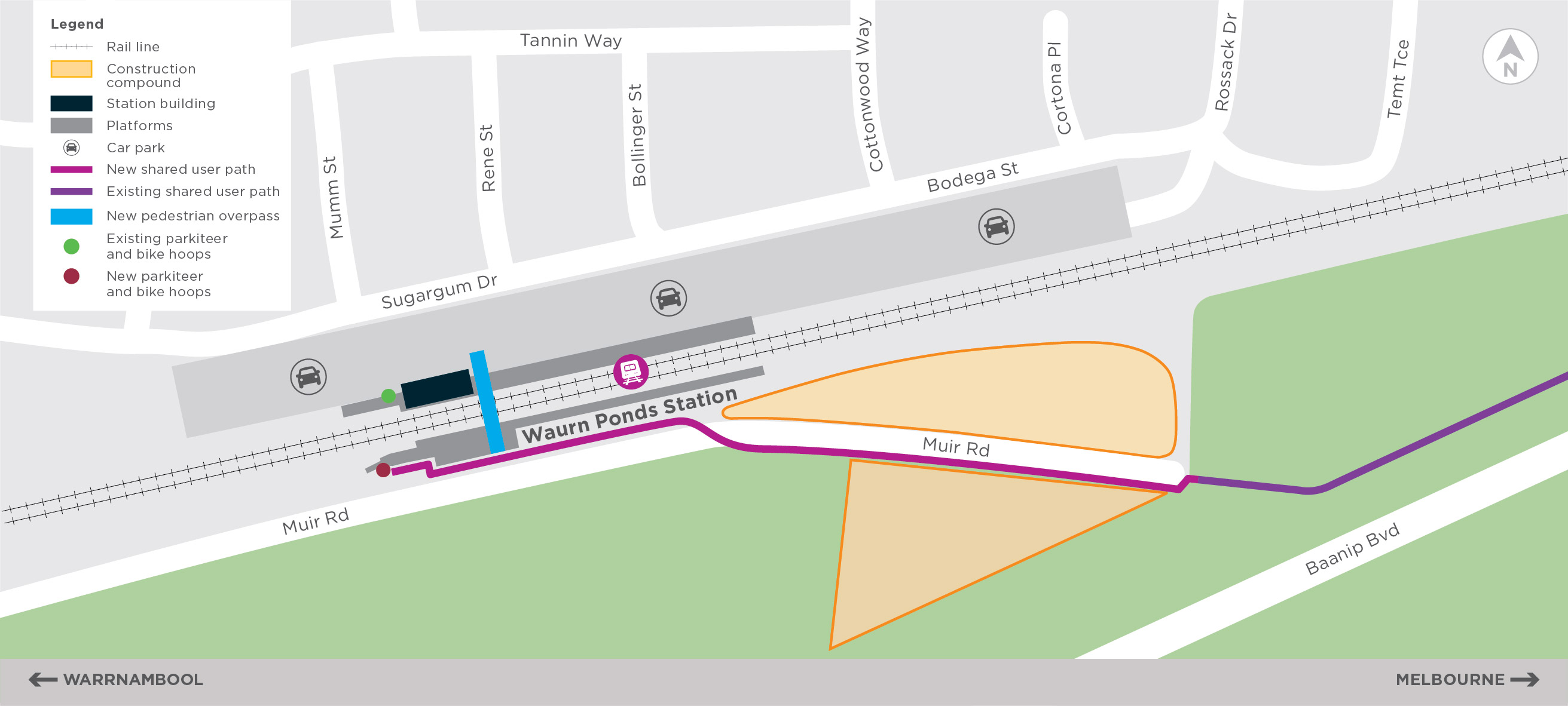 The new shared user path connects starts at the existing shared user path that runs parallel to Baanip Bvd. It runs along the southside of Muir Road and cross over close to the west end of the station. The shared user path continues to the west end of the station platform at the new parkiteer and bike hoops.