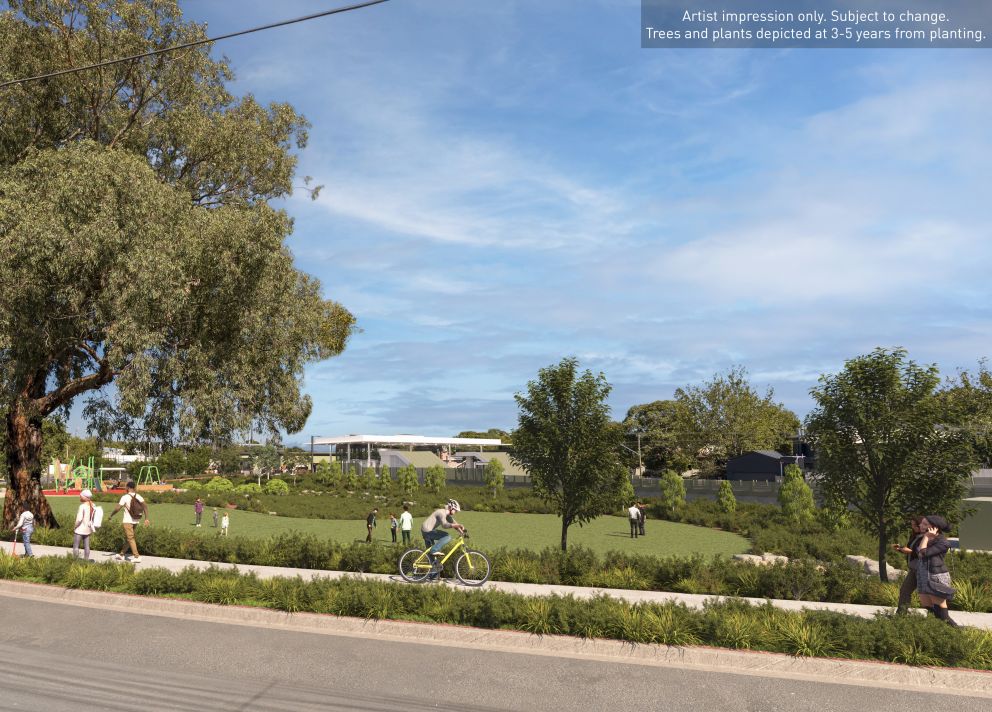 A rejuvenated Lorne Parade Reserve, view from Lorne Parade. Artist impression only, subject to change. Trees and plants depicted at 3-5 years from planting.