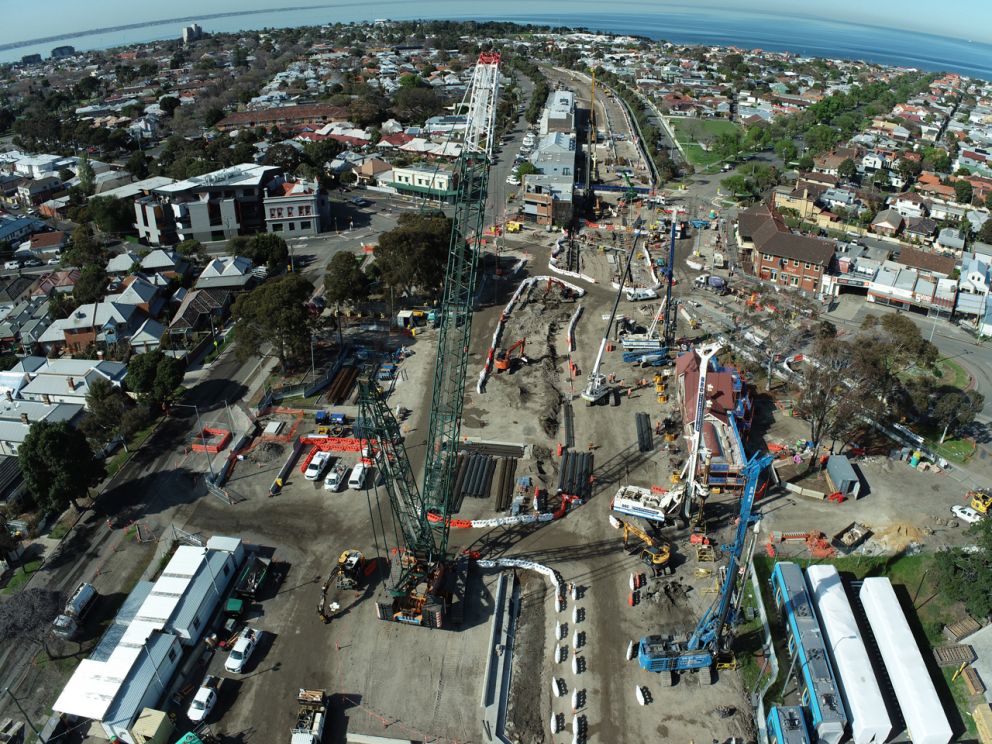 Aerial view of the Williamstown rail corridor.