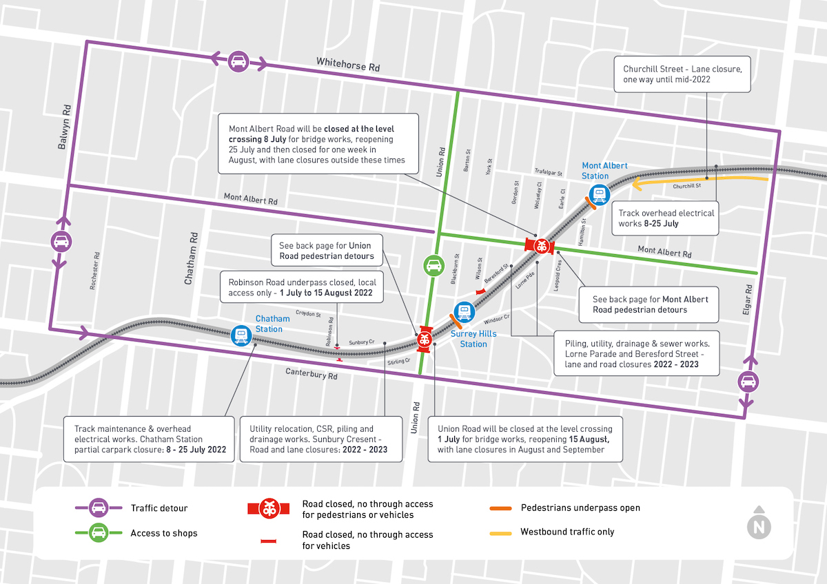Map showing works area at Union Road, Surrey Hills and Mont Albert Road, Mont Albert in June and July 2022