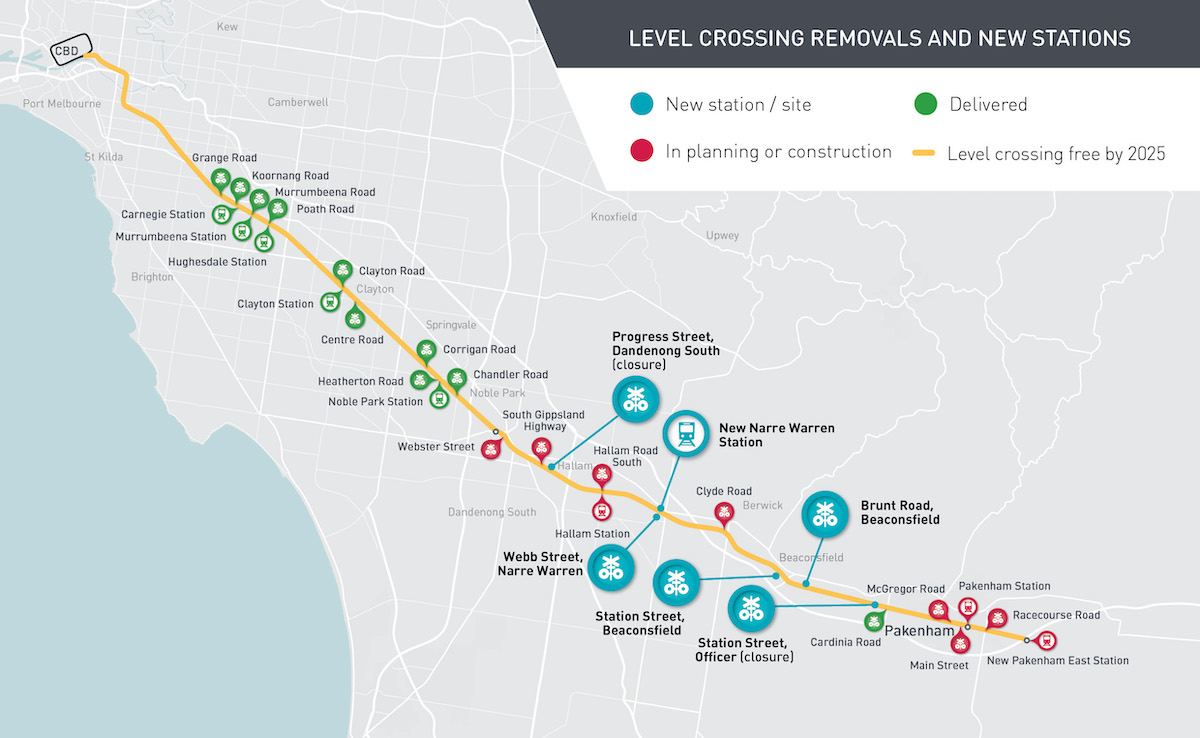 Map of Pakenham line crossing removals