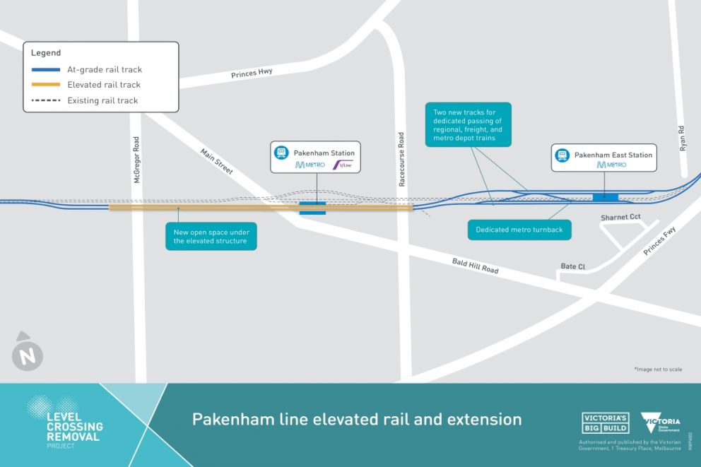 Map showing the Pakenham line elevated rail and extension including Pakenham Station and the new Pakenham East Station