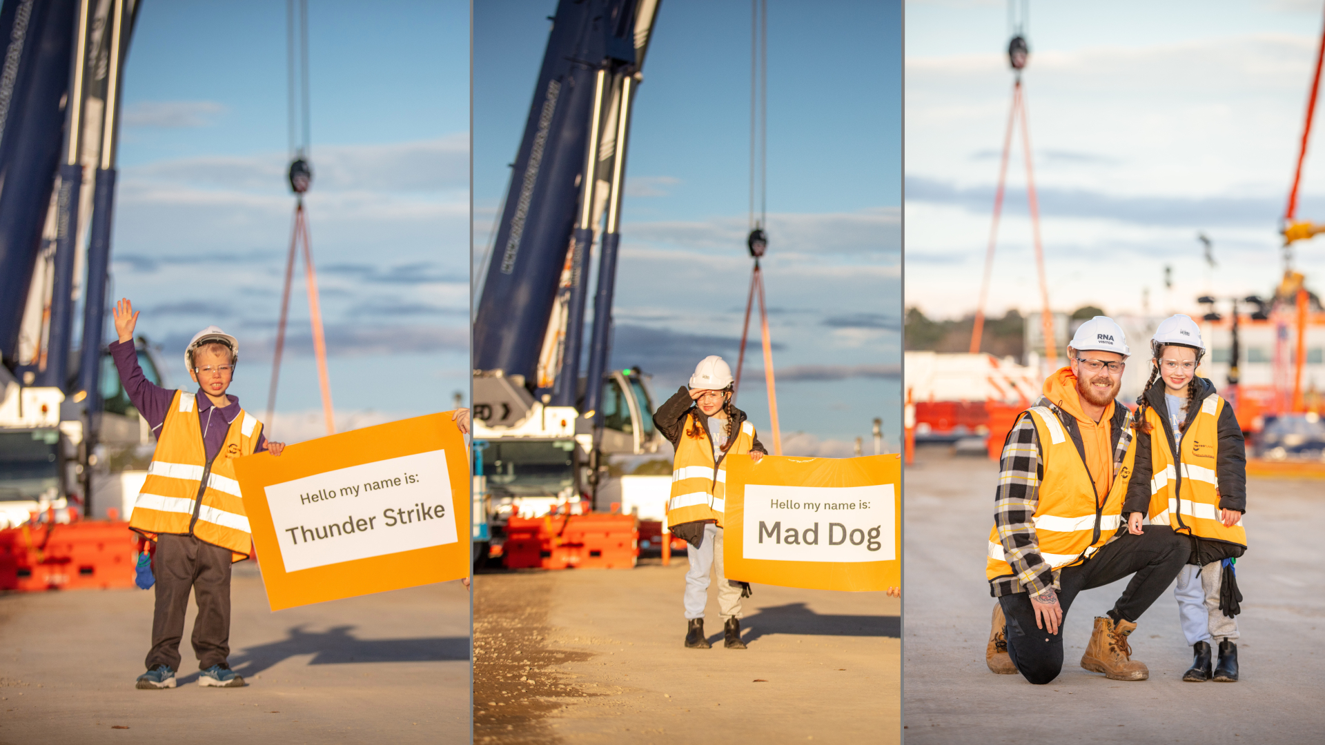 Composite of 3 images, two with children standing in front of a crane and one image with a parent and child in high-vis clothing