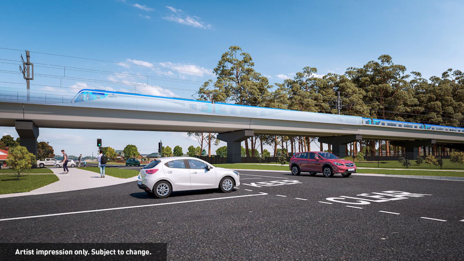 Artist render of train passing over elevated rail bridge over McGregor Road. Cars at McGregor Road intersection and pedestrians on footpath. Large trees and vegetation near the elevated rail.