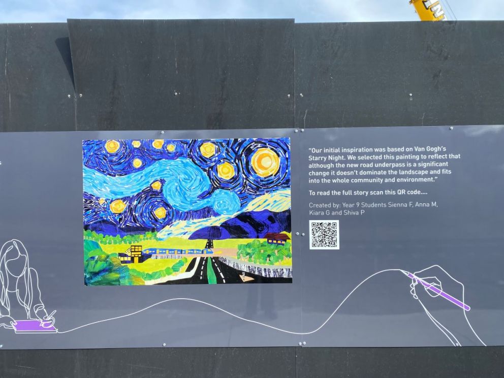 Artwork created by year 9 students Sienna F, Anna M, Kiara G and Shiva P featured on the hoarding near Berwick Station