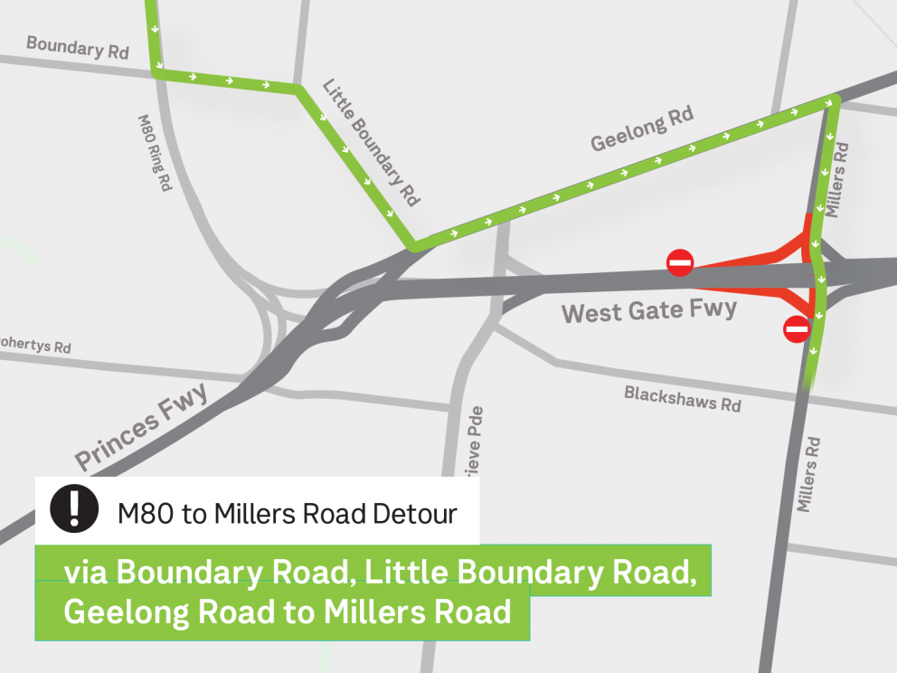 A map showing hte M80 to Millers Rd detour.