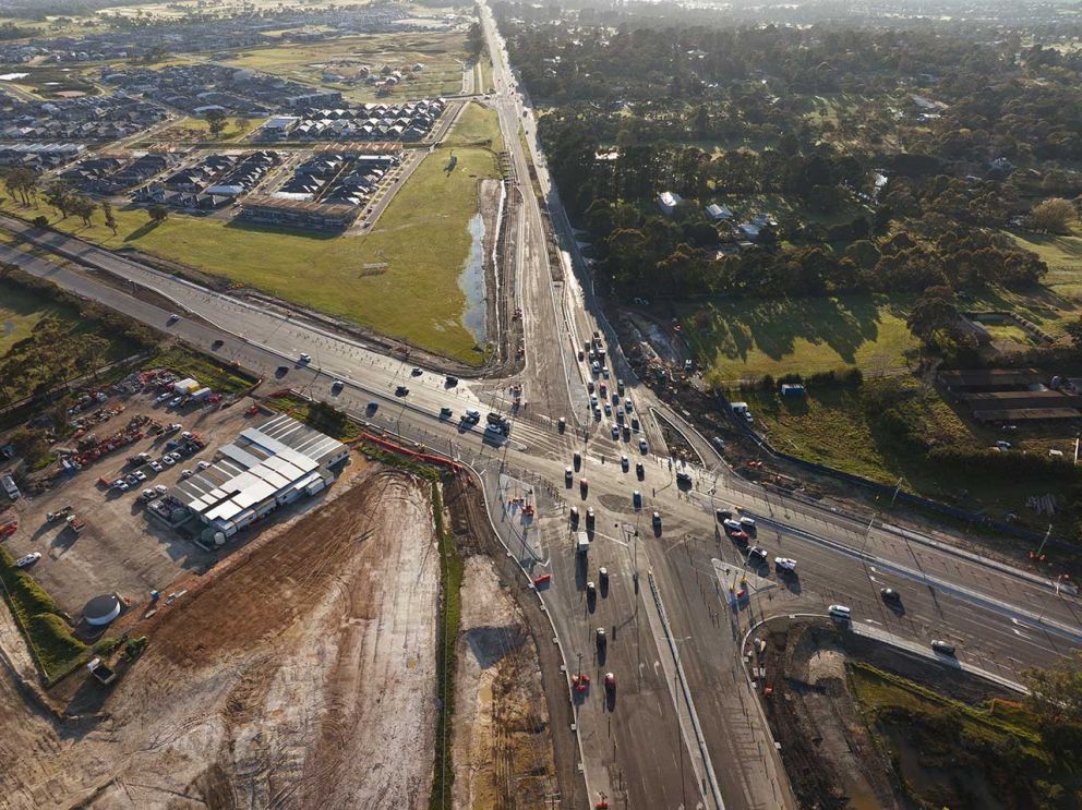 Aerial view of the reopened Cranbourne-Frankston Road intersection