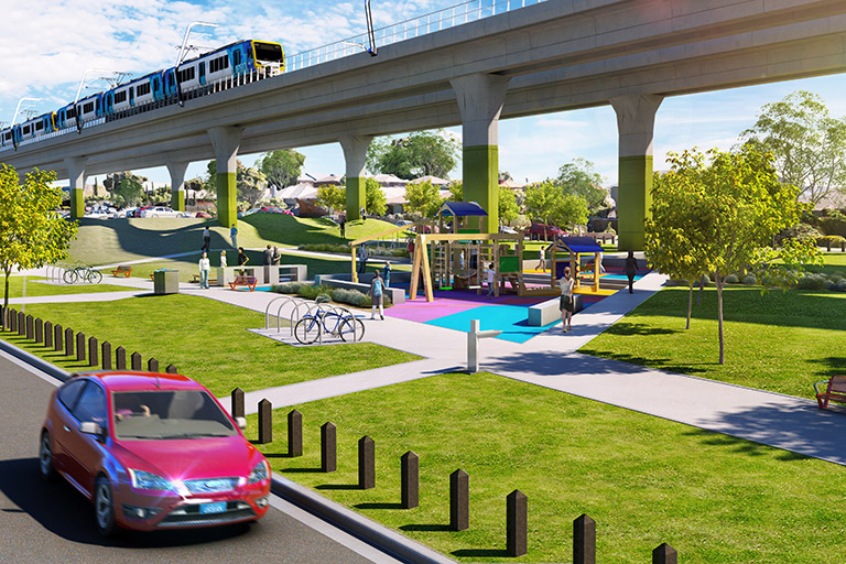 Artist impression of open space under train line