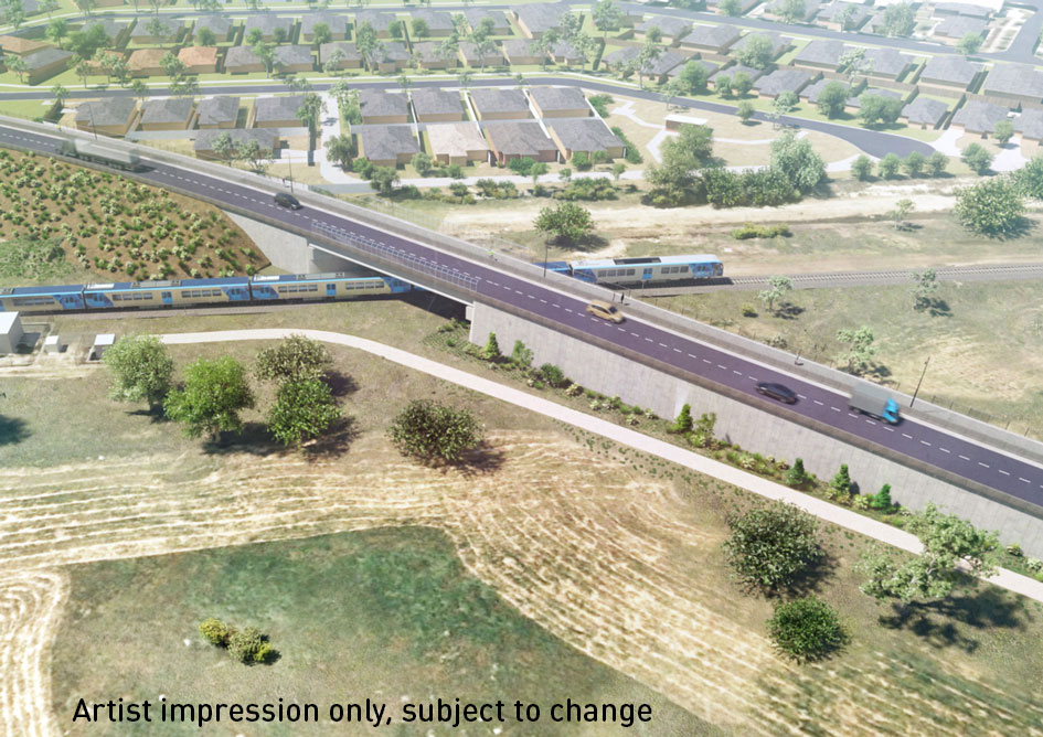 Image: Artist's impression of an aerial view of the road bridge design at Evans Road in Lyndhurst