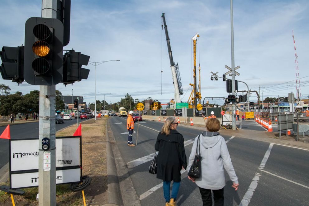 Pedestrian detour around the piling rigs