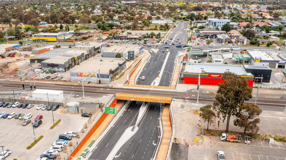 Aerial view of the new Gap Road underpass and road