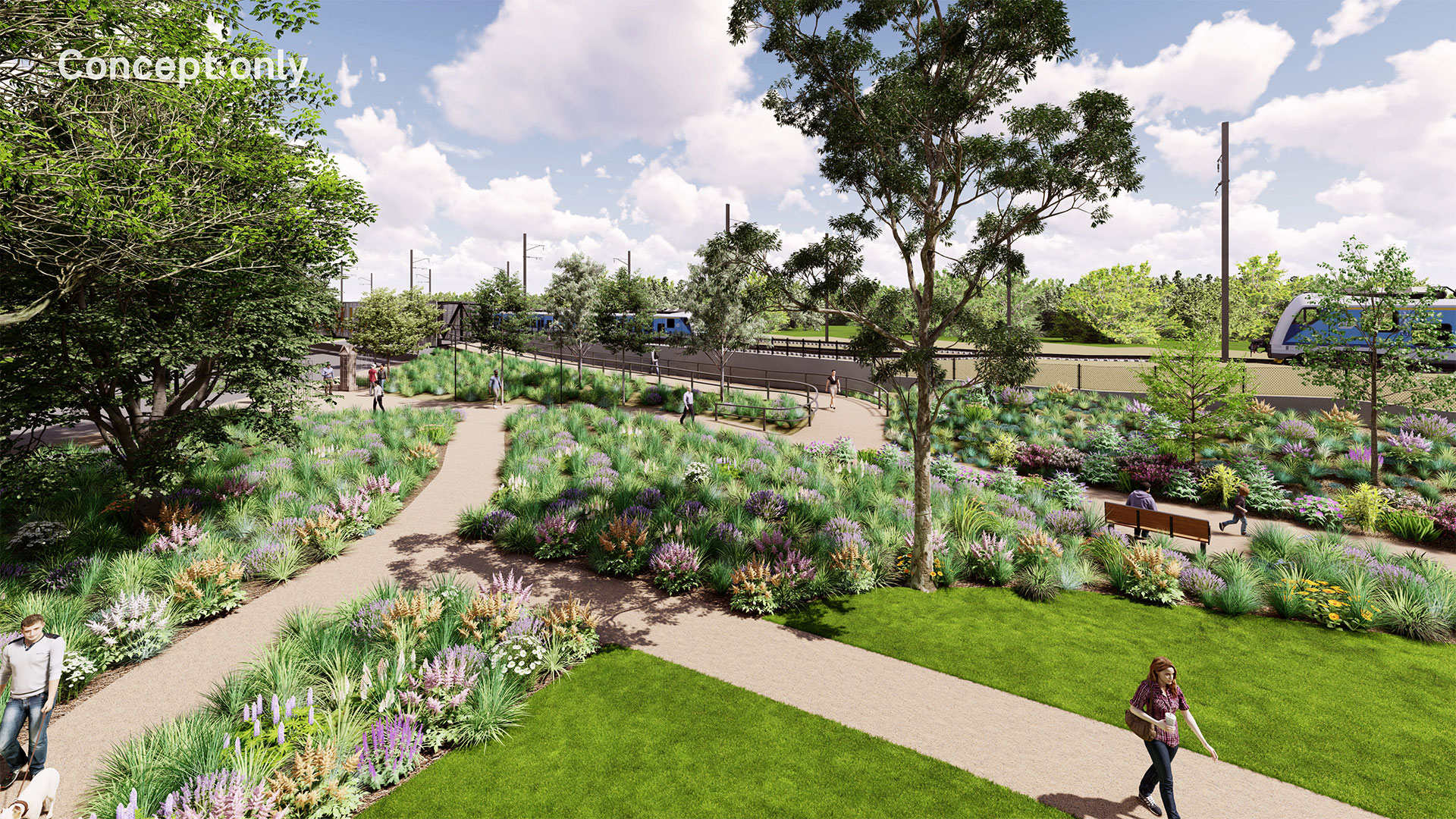 render of people walking along footpath adjacent to rail line, separated by flowerbed embankment