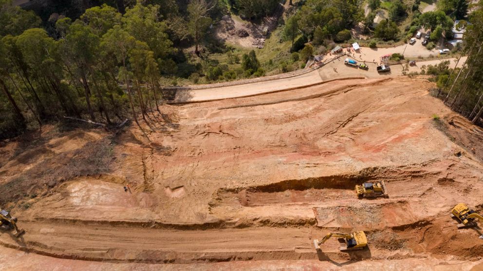 View from above the landslip looking down on the earth-moving works 5 April