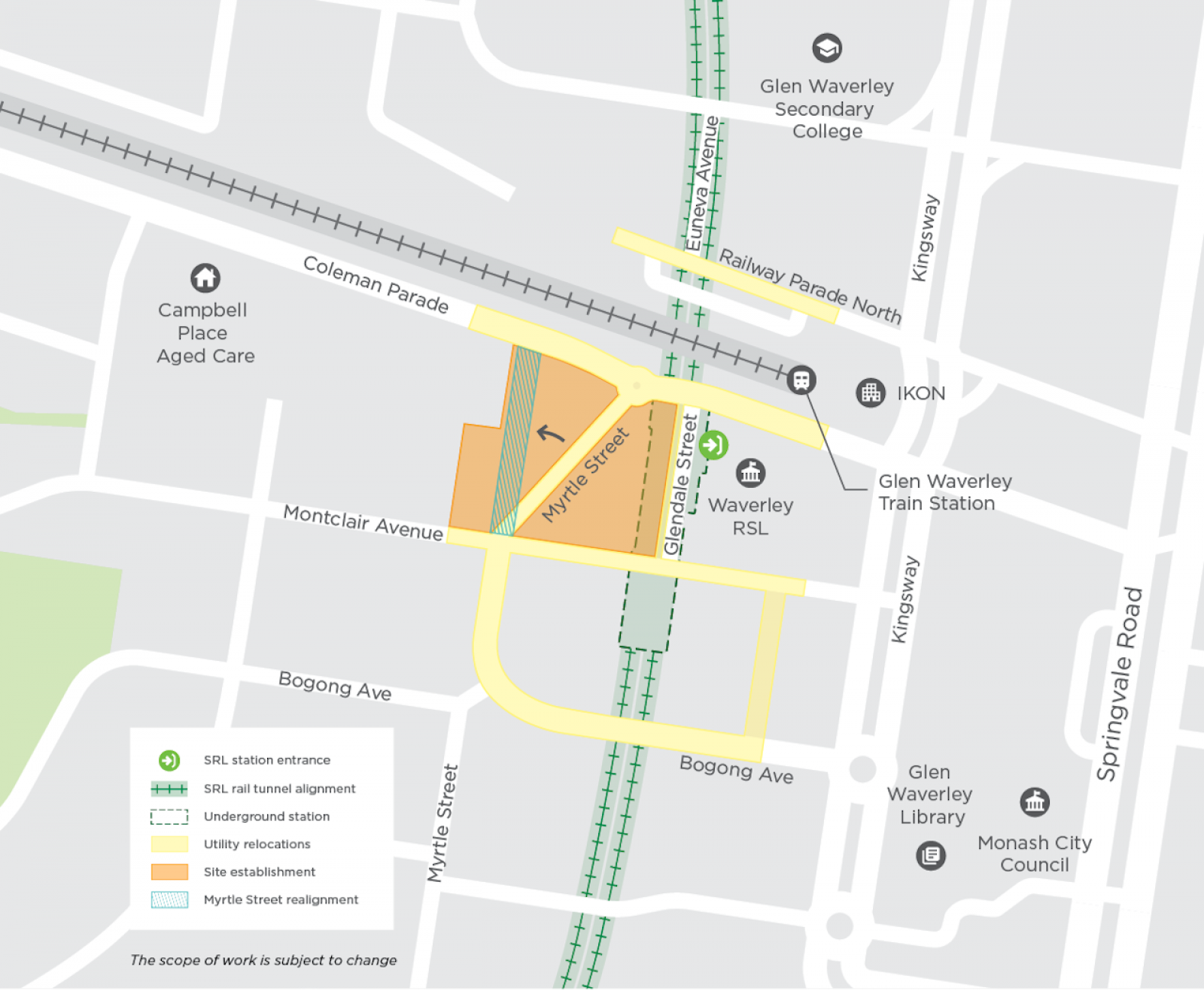 Map showing initial and early works in Glen Waverley.